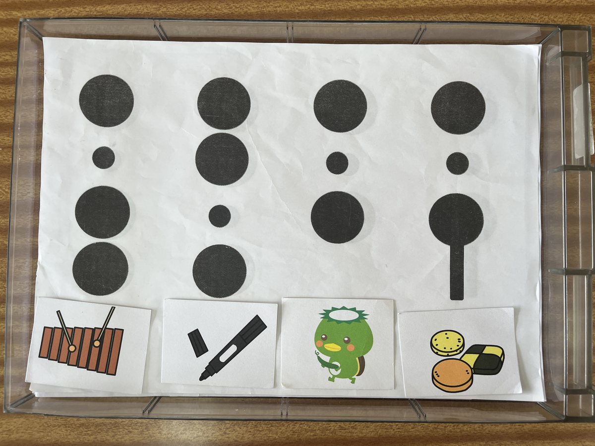 つまる音シートの上に、絵カードを音記号ごとに分けてならべたところ